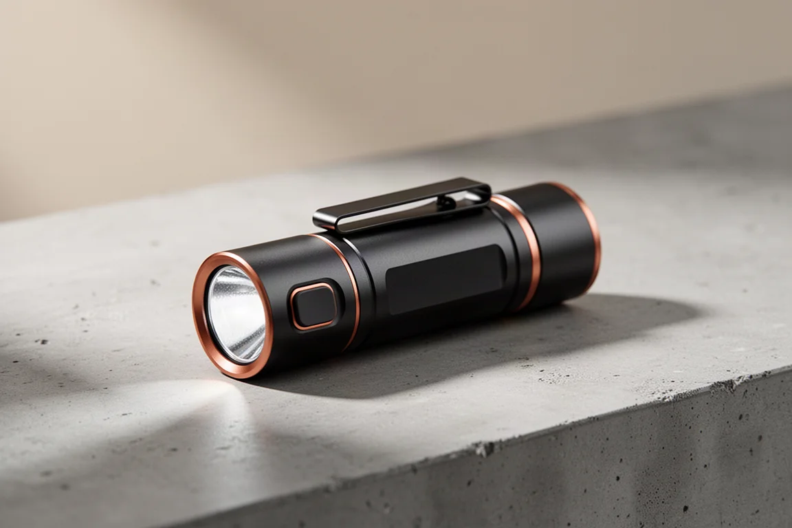 Compacte zwart geanodiseerde zaklamp met koperkleurige accenten op een betonnen oppervlak