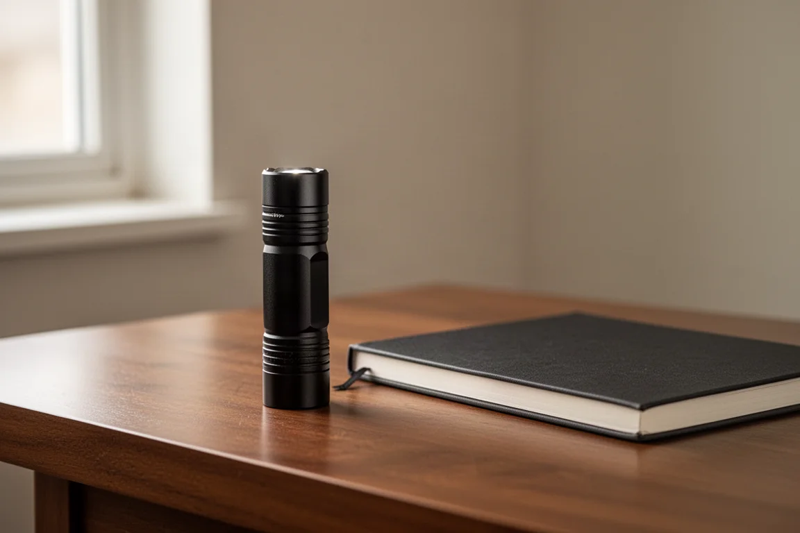 Compact black EDC flashlight standing on a desk in soft window light