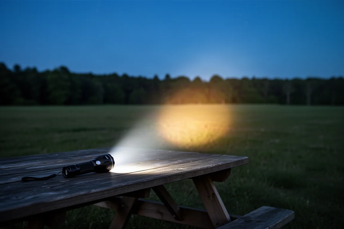 Flashlight head glowing with a wide floody cool-white beam across a dark field