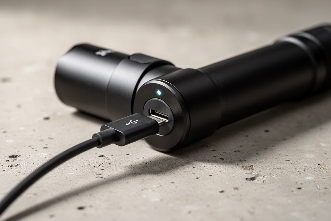 USB-C cable plugged into the side charging port of a black flashlight