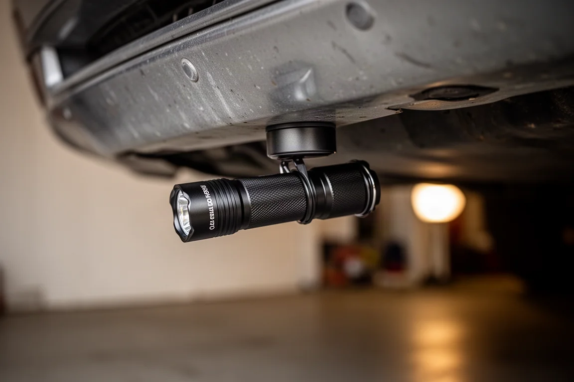 Magnetic tail cap of a flashlight holding it horizontally against a metal car hood