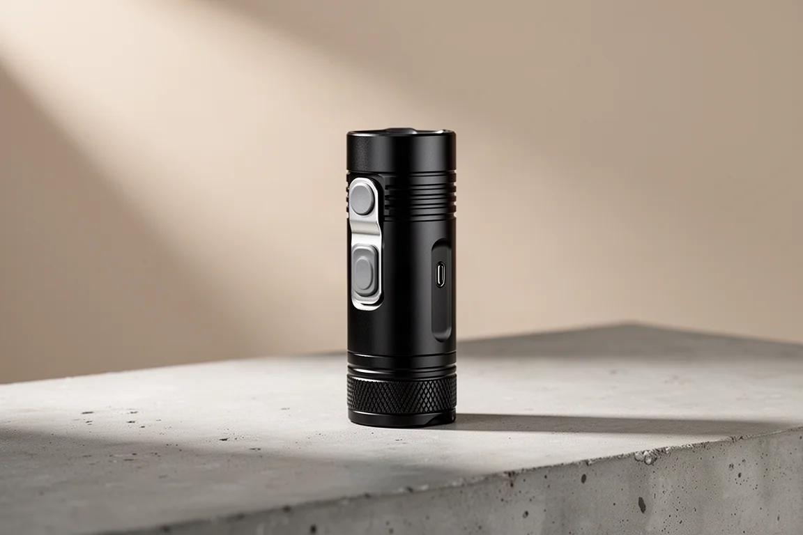 Torcia EDC Fenix E35R in alluminio nero in piedi su una superficie di cemento