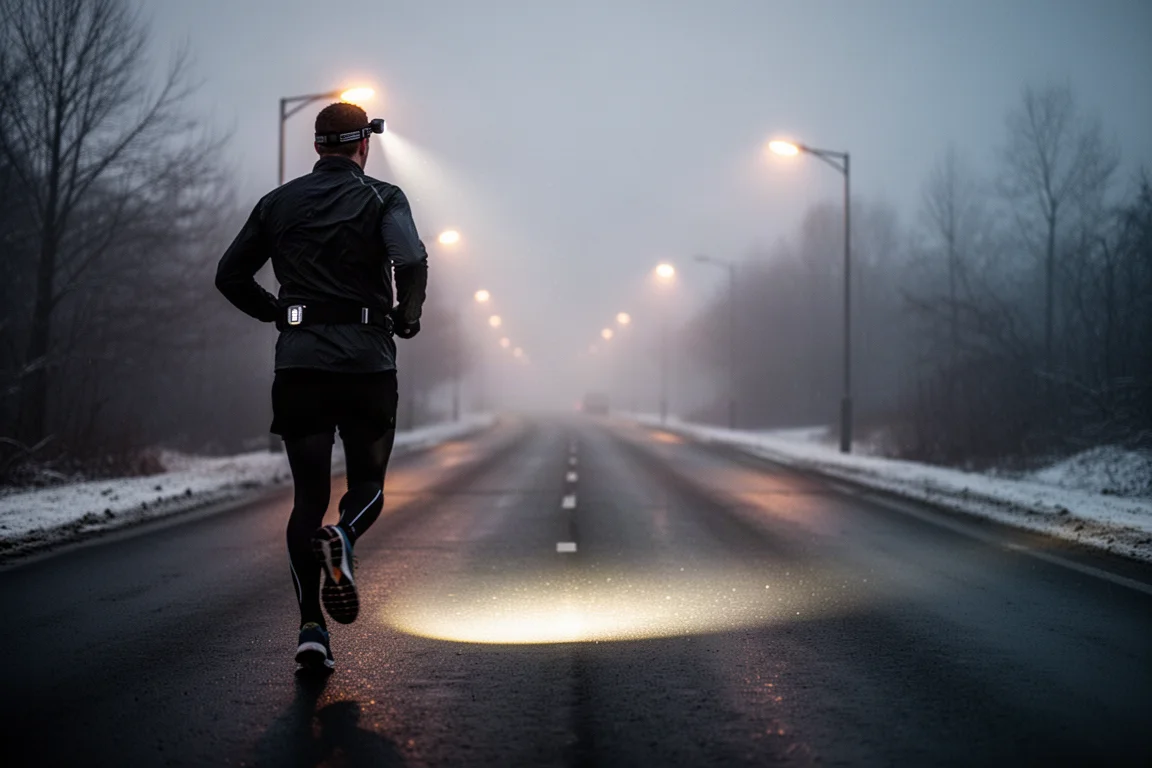 Runner wearing a lightweight head torch on a dark winter road