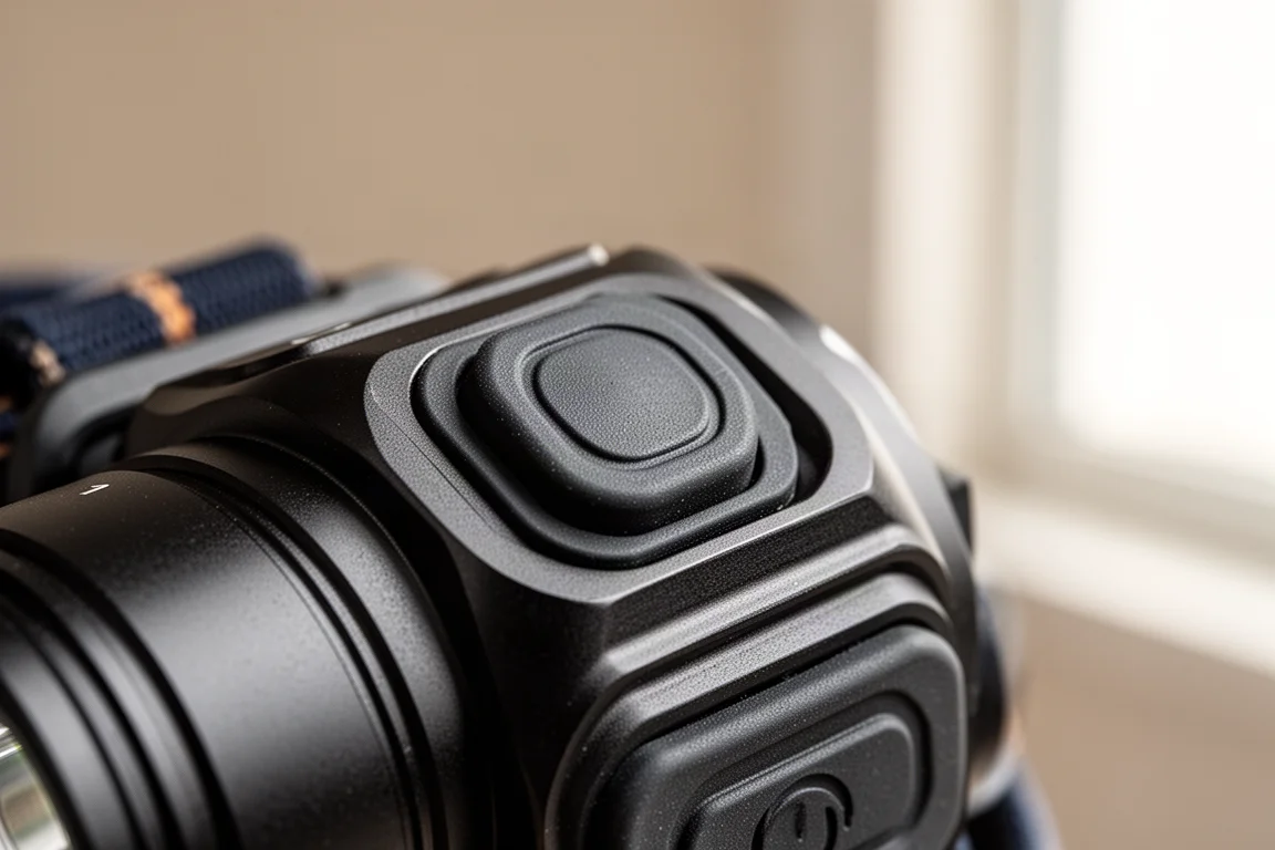 Close-up of a single side button on an aluminium head torch body
