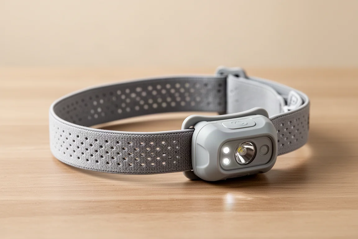 Perforated elastic headband and curved back plate of a head torch