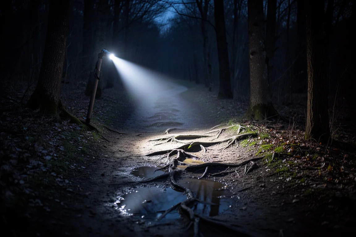 Head torch beam lighting a dirt trail at night through woodland