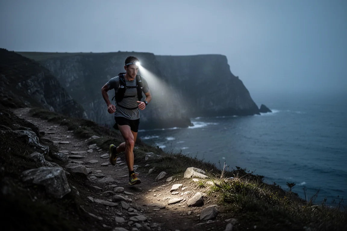 Trailrunner auf einem dunklen Küstenweg bei Nacht, der Scheinwerferkegel der Stirnlampe beleuchtet den Weg