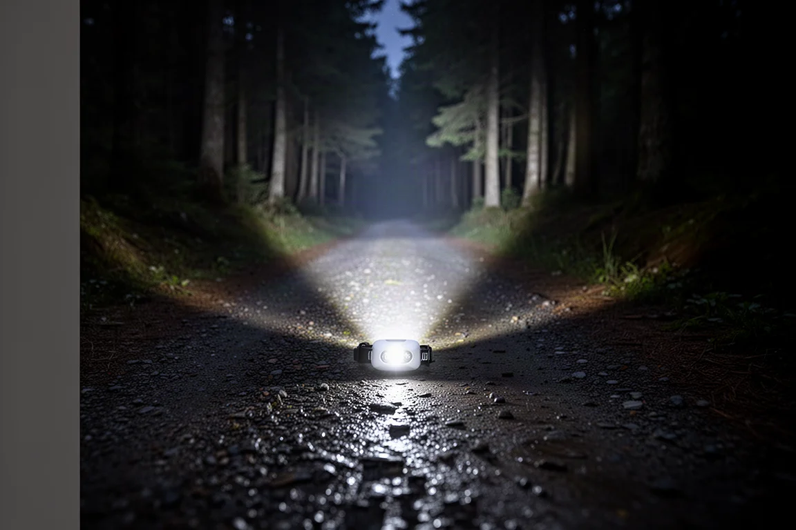 Lichtkegel einer Stirnlampe wirft einen langen, hellen Lichtstrahl über einen dunklen Waldweg