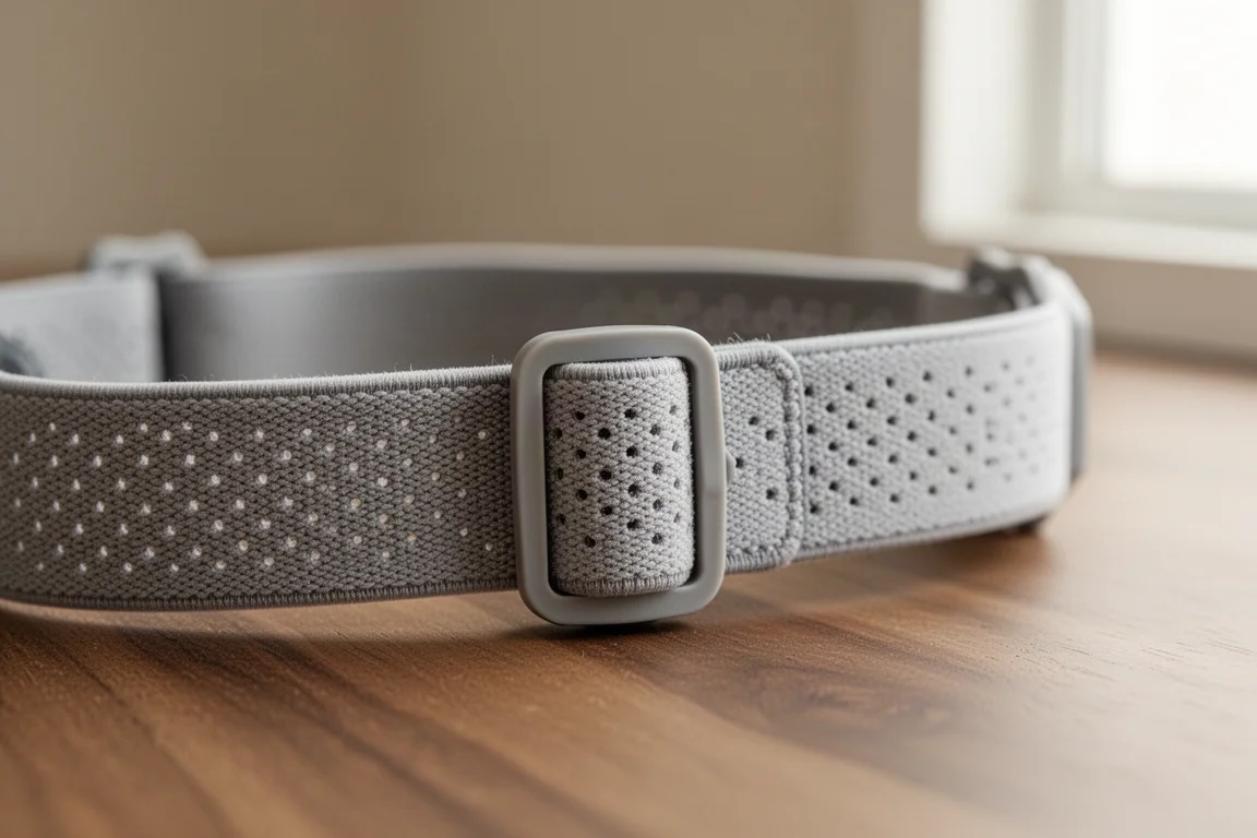 Nahaufnahme eines elastischen Stirnlampenbands mit Perforation und Verstellriemen