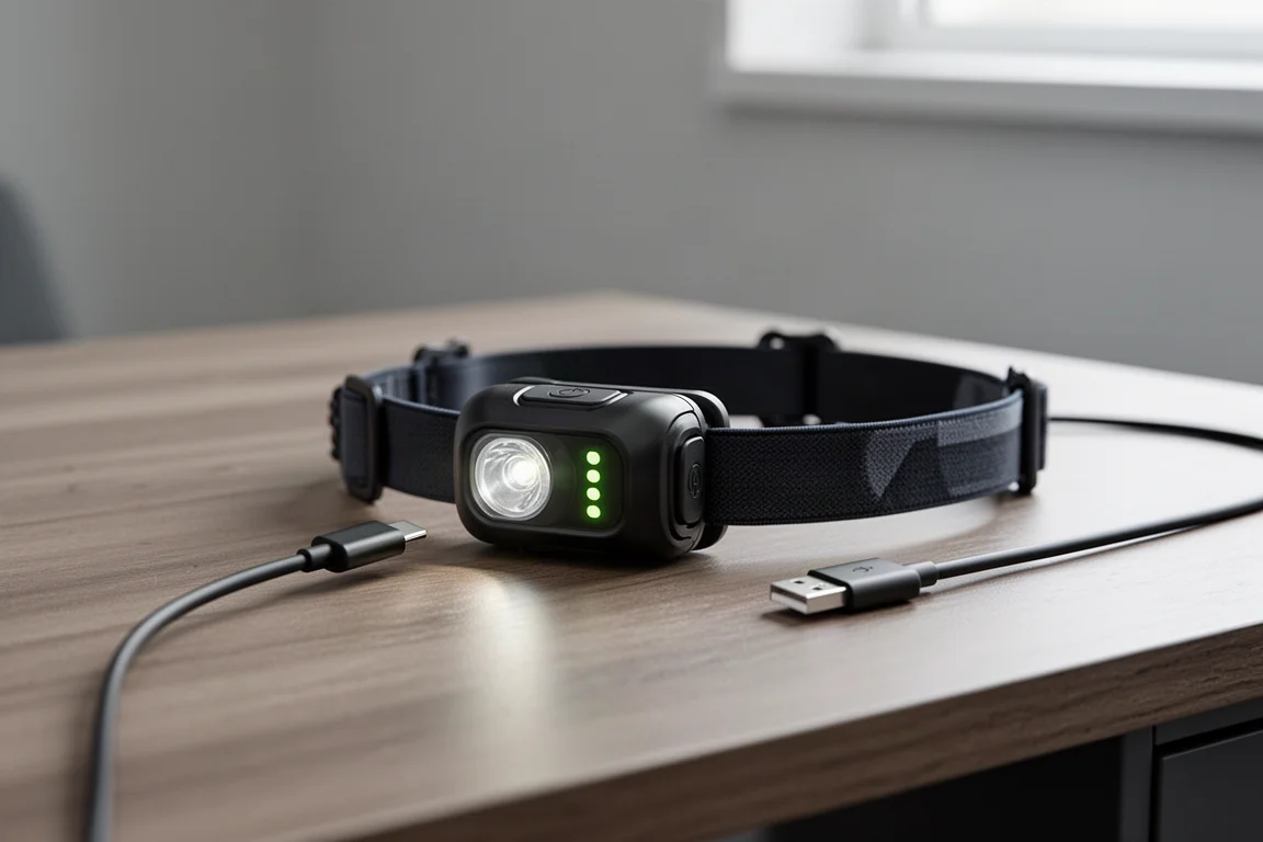 Stirnlampe am Schreibtisch an ein USB-C-Kabel zum Laden angeschlossen