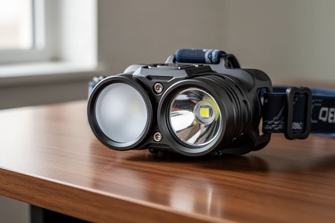 Primer plano de un frontal de doble emisor con lentes separadas de luz difusa y focalizada