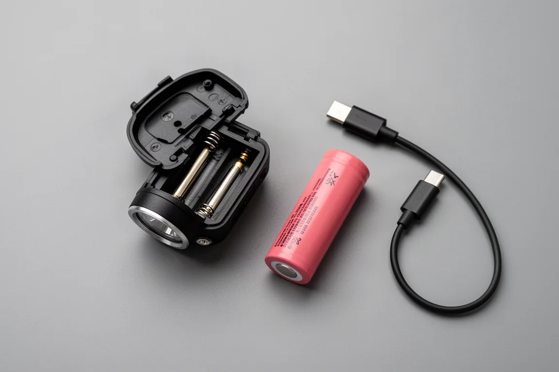 Puerto de carga USB-C de un frontal con una batería 18650 al lado