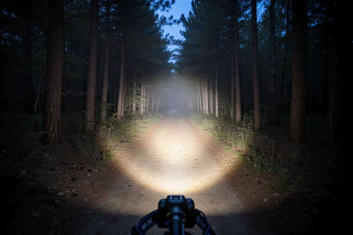 Haz amplio de luz difusa extendiéndose por un sendero forestal al atardecer