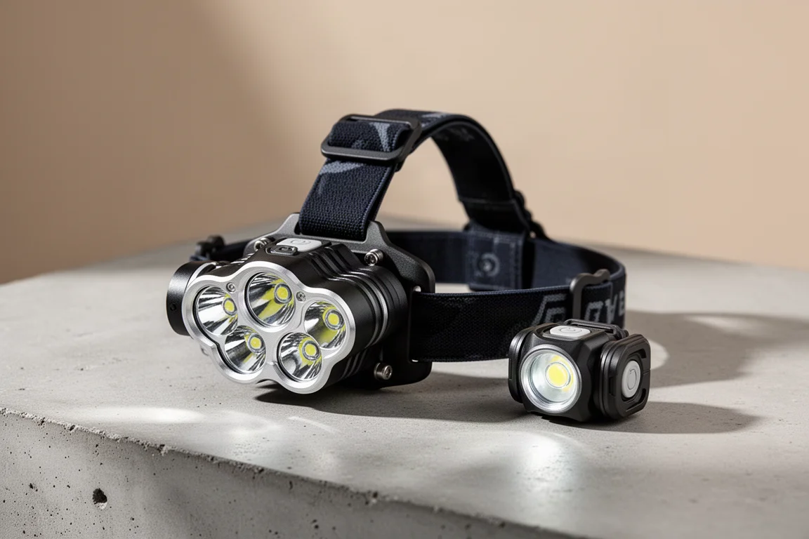 A large dual-emitter headlamp and a compact headlamp side by side on a concrete surface