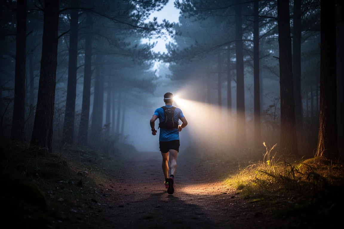 Coureur de trail sur un sentier forestier sombre de nuit, éclairé par le faisceau d'une lampe frontale