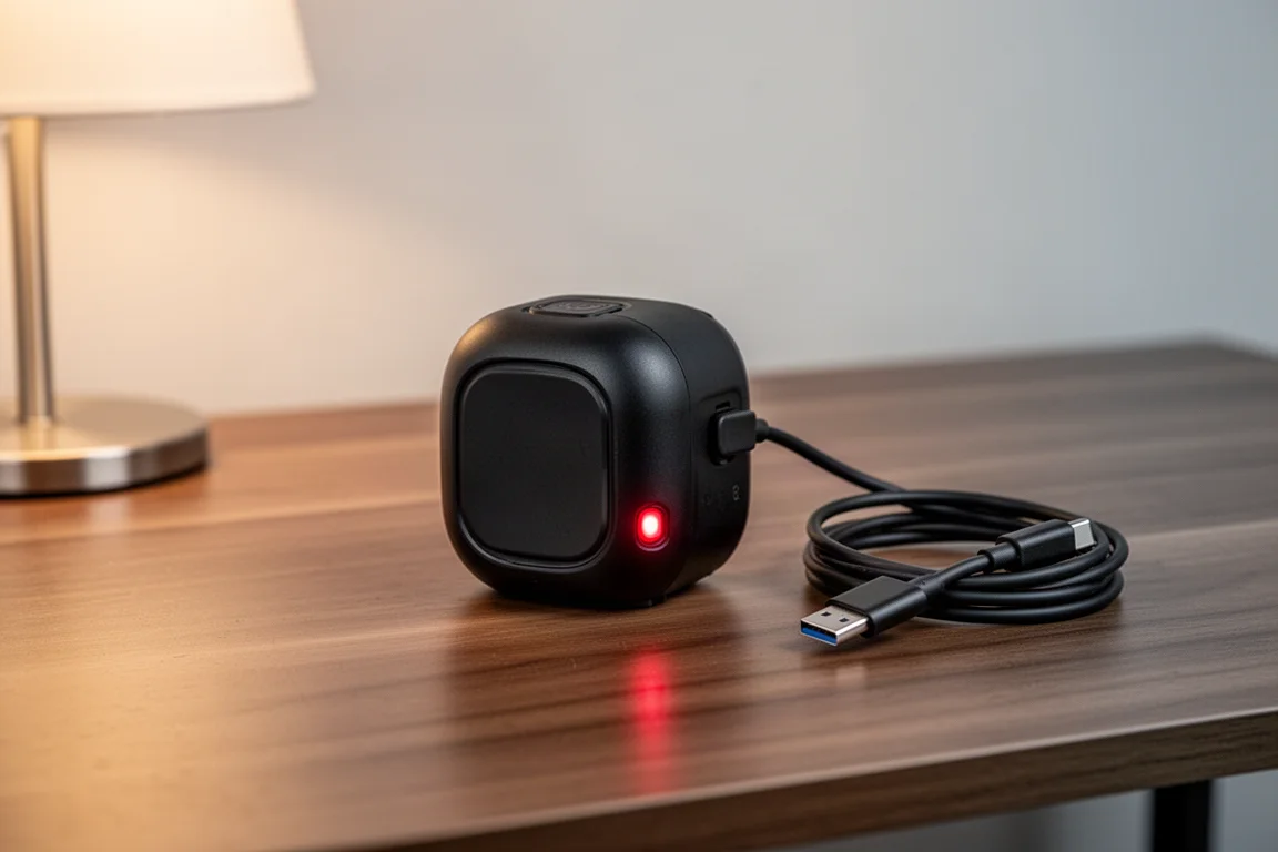 Batterie de lampe frontale avec câble USB-C et feu arrière rouge allumé sur un bureau en bois