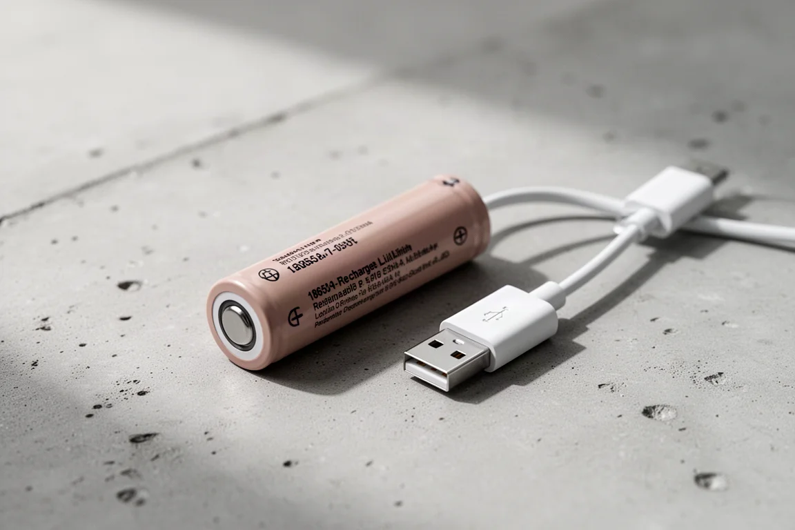 Ett uppladdningsbart 18650-batteri och en laddningskabel ligger på en betongyta