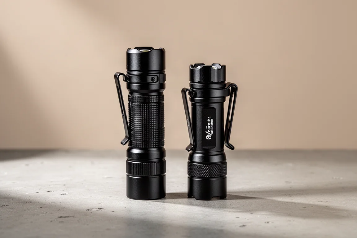 Two compact black flashlights standing side by side on a concrete surface