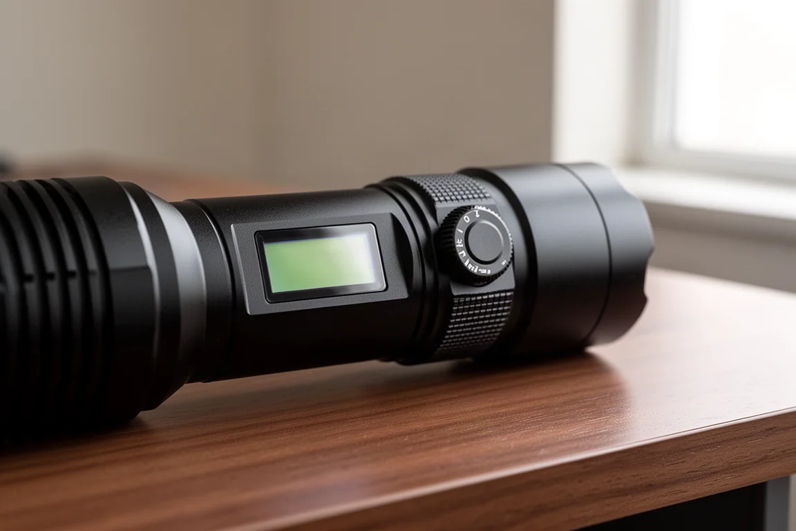 Fenix LR36R searchlight with OLED display and rotary dial on a wooden desk