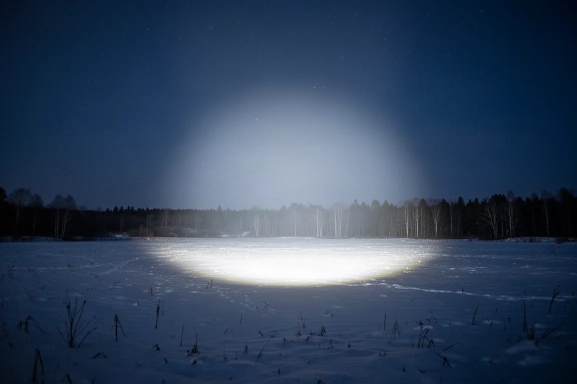 Wide flood beam illuminating an open field at night with distant trees visible