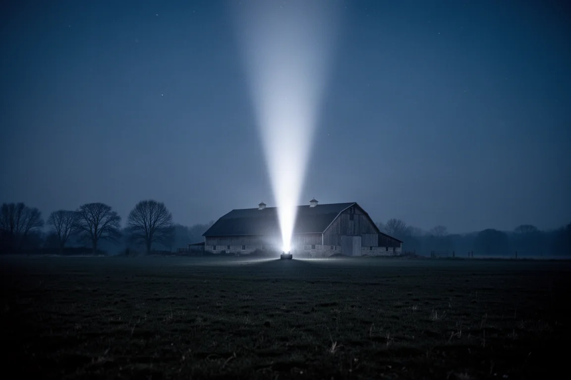 Tight LEP laser spotlight hitting the top of a distant barn at night