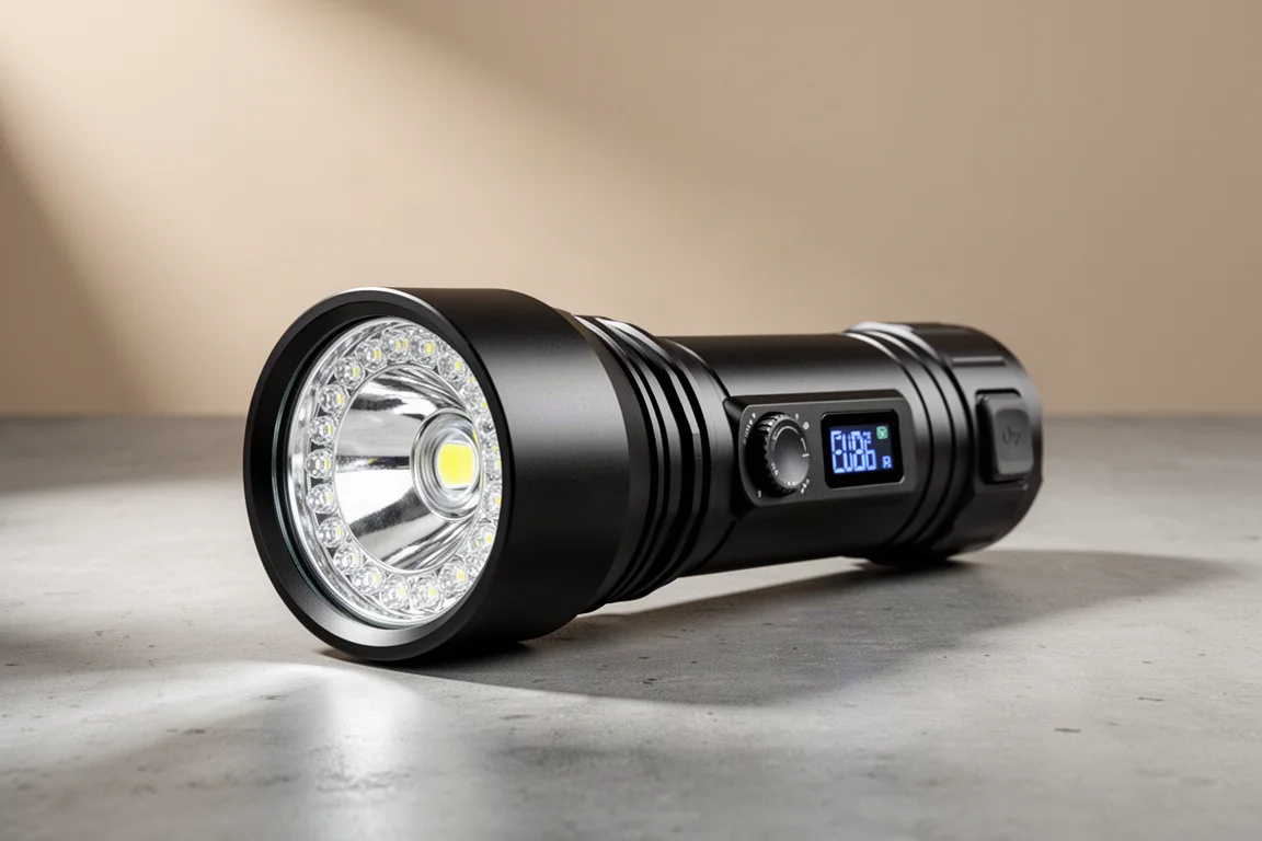 Torcia da ricerca Fenix LR36R con testa grande, ghiera rotativa e display OLED su calcestruzzo
