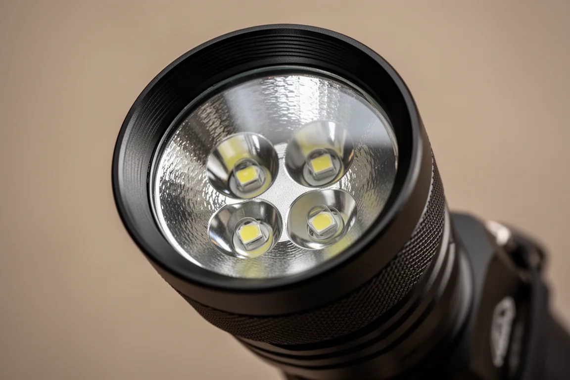 Gros plan d'une tête quad LED montrant quatre émetteurs LED dans un réflecteur profond