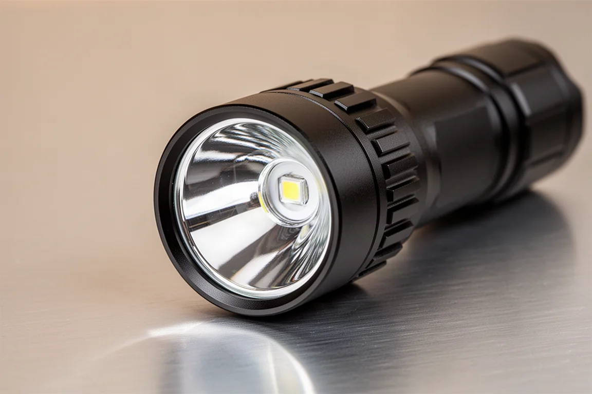 Réflecteur profond et poli d'une lampe longue portée photographiée de biais