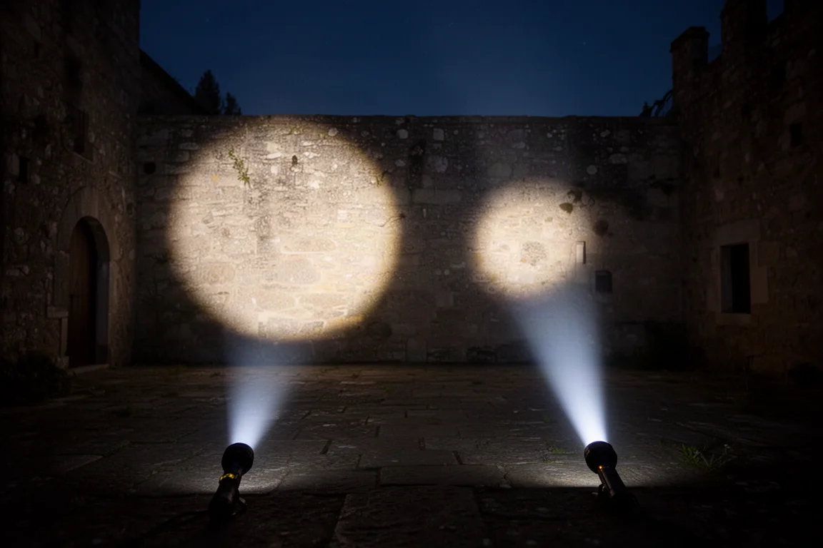 Deux faisceaux de lampes projetés côte à côte sur un mur sombre de cour