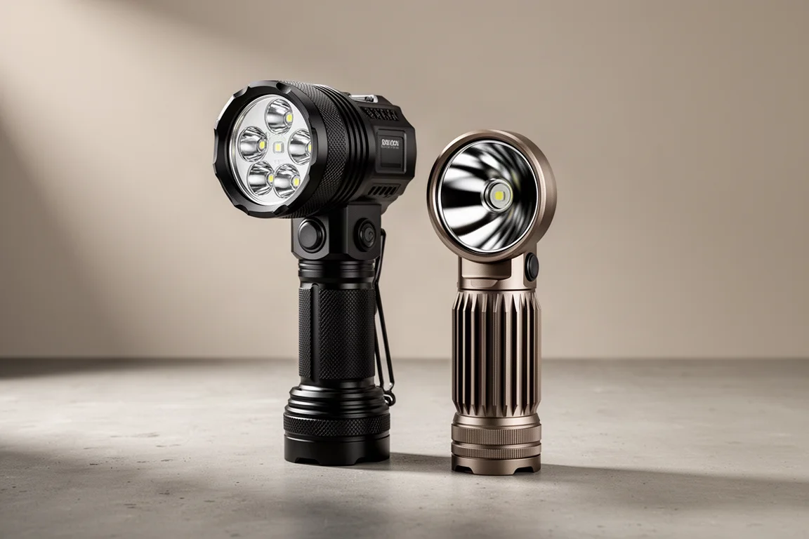 Latarki poszukiwawcze Fenix LR50R i Nitecore P30i obok siebie na betonie