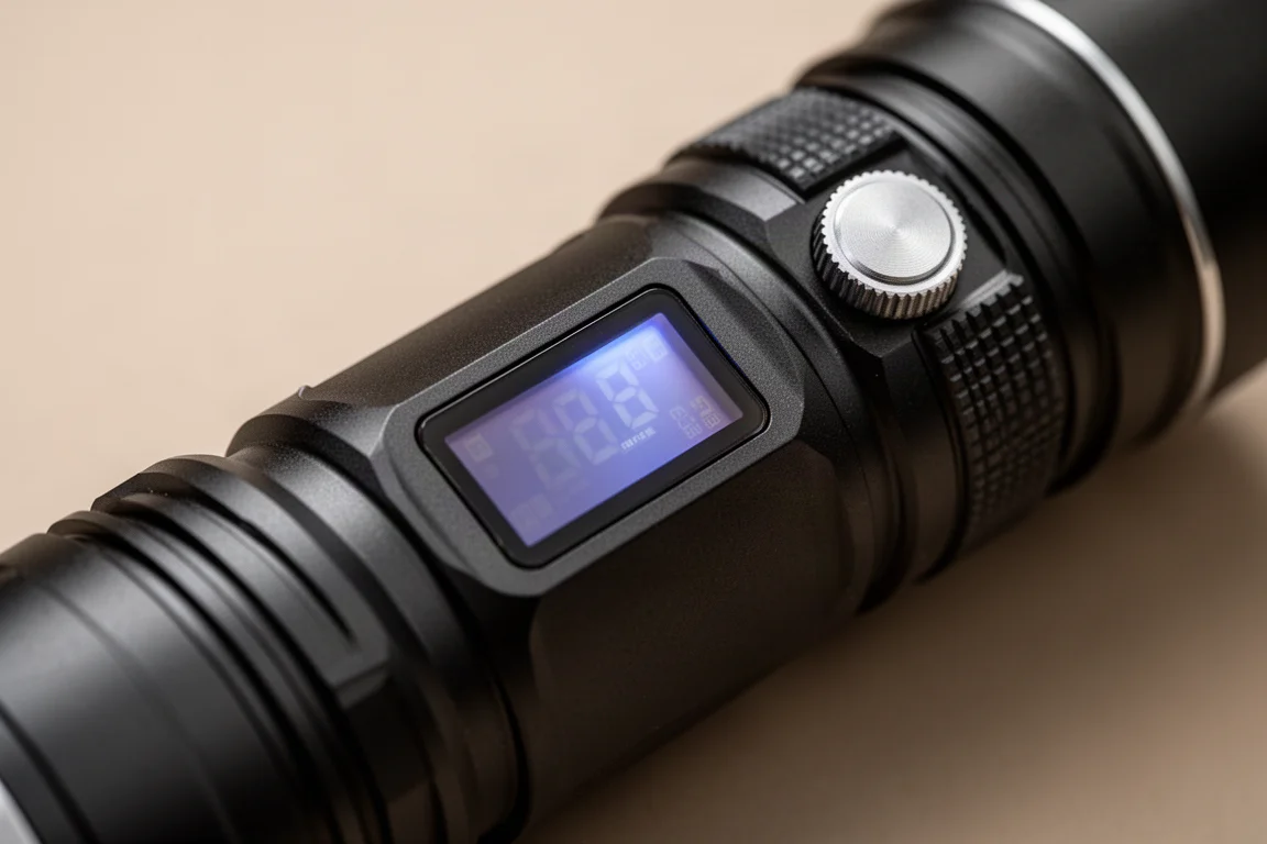 Écran OLED d'une grande lampe torche affichant le niveau de luminosité et l'état de la batterie