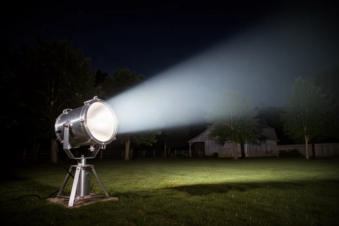 Grande lampe torche projetant un faisceau blanc intense dans une cour sombre la nuit