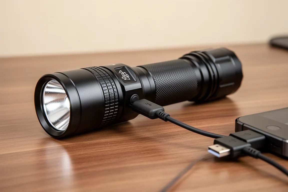 Câble USB branché sur le port de charge d'une lampe torche servant de power bank
