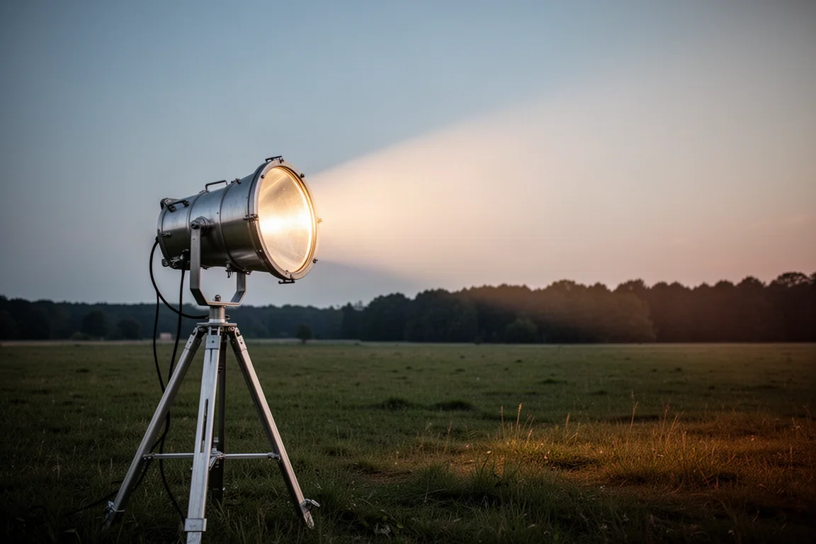 Grande lampe de recherche montée sur trépied, orientée sur un champ ouvert au crépuscule