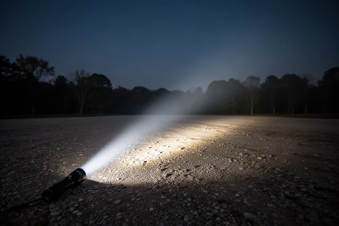 Skupiona wiązka latarki sięgająca daleko przez ciemne otwarte pole nocą