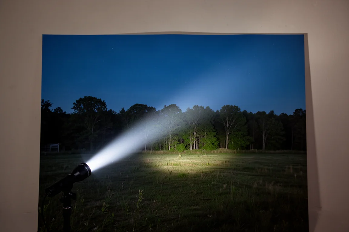 Ficklampa som belyser en trädkant över en mörk gård på natten