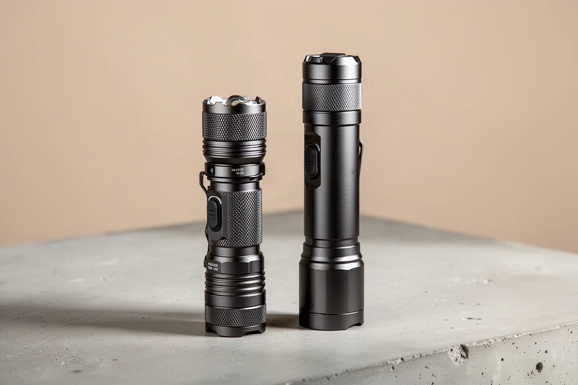 Fenix PD35R und E35R Taschenlampen aufrecht auf einer Betonfläche stehend