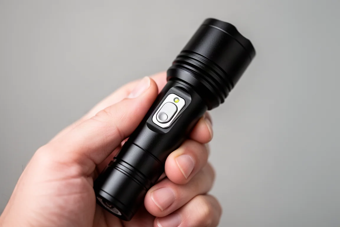 Zwarte aluminium zaklamp in de hand, met de metalen zijknop zichtbaar