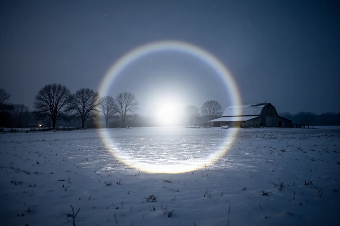 Felle lichtbundel van een zaklamp die 's nachts over een besneeuwd veld snijdt