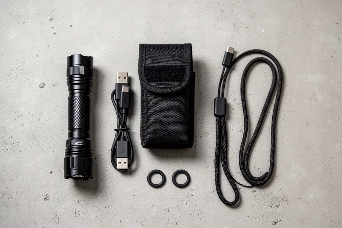 Uitgelegde zaklamp met holster, oplaadkabel, koord en reserve O-ringen