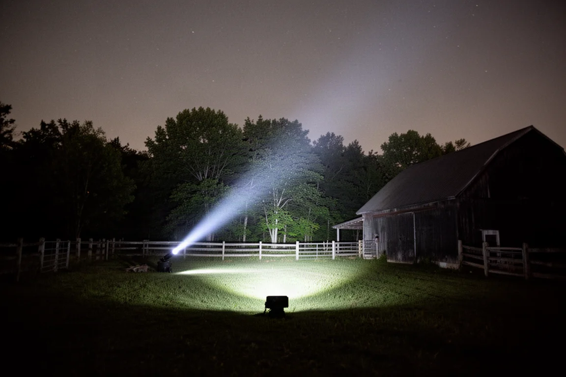 Test del fascio all'aperto che raggiunge alberi lontani attraverso un campo buio di notte