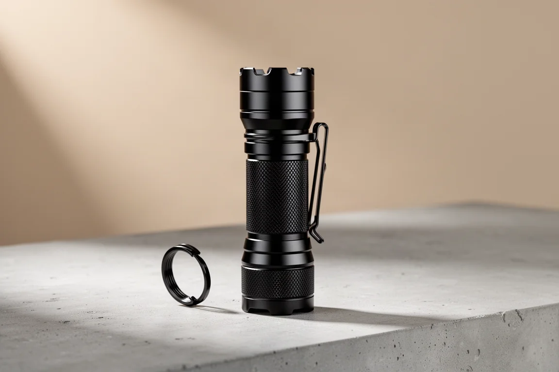 Matte black tactical flashlight with crenellated bezel and knurled body on concrete