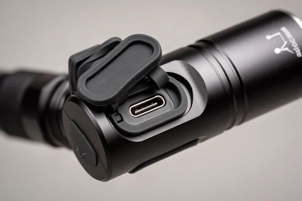 手電筒機身上 USB-C 充電孔的特寫