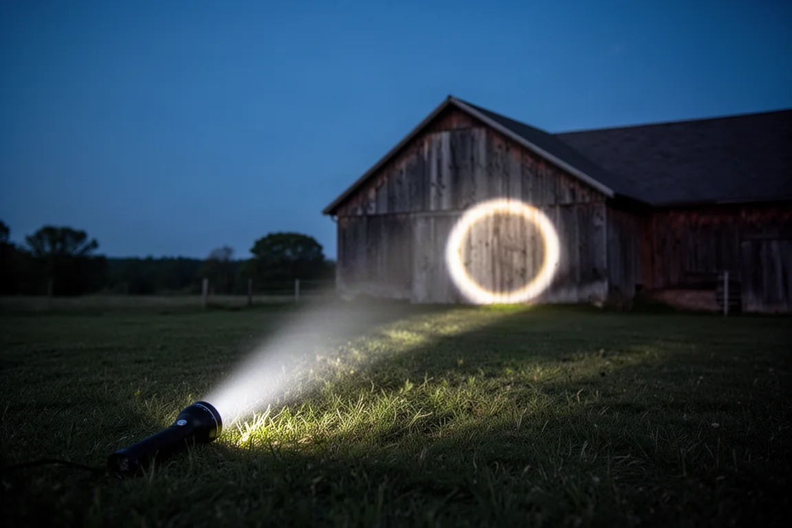 Taschenlampe in der Hand wirft einen gebündelten hellen Lichtkegel über ein offenes Feld in der Dämmerung