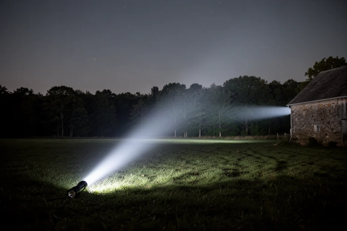 Lichtkegel einer Taschenlampe erreicht nachts von einem offenen Feld aus eine entfernte Baumreihe