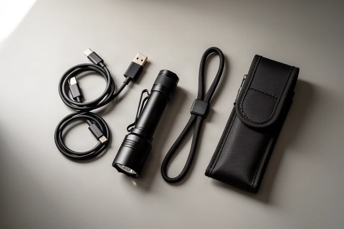 Leuchtende Taschenlampe auf einem Schreibtisch neben Ladekabel und Everyday-Carry-Gegenständen