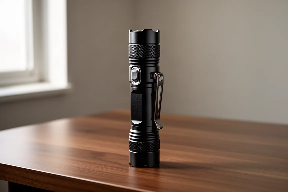 Fenix PD36R v2 Taschenlampe aufrecht stehend auf einem gebürsteten Holzschreibtisch