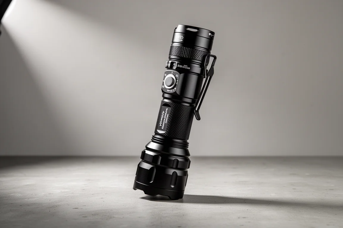 Torcia Fenix PD40R Version 3 in piedi su una superficie di cemento opaco