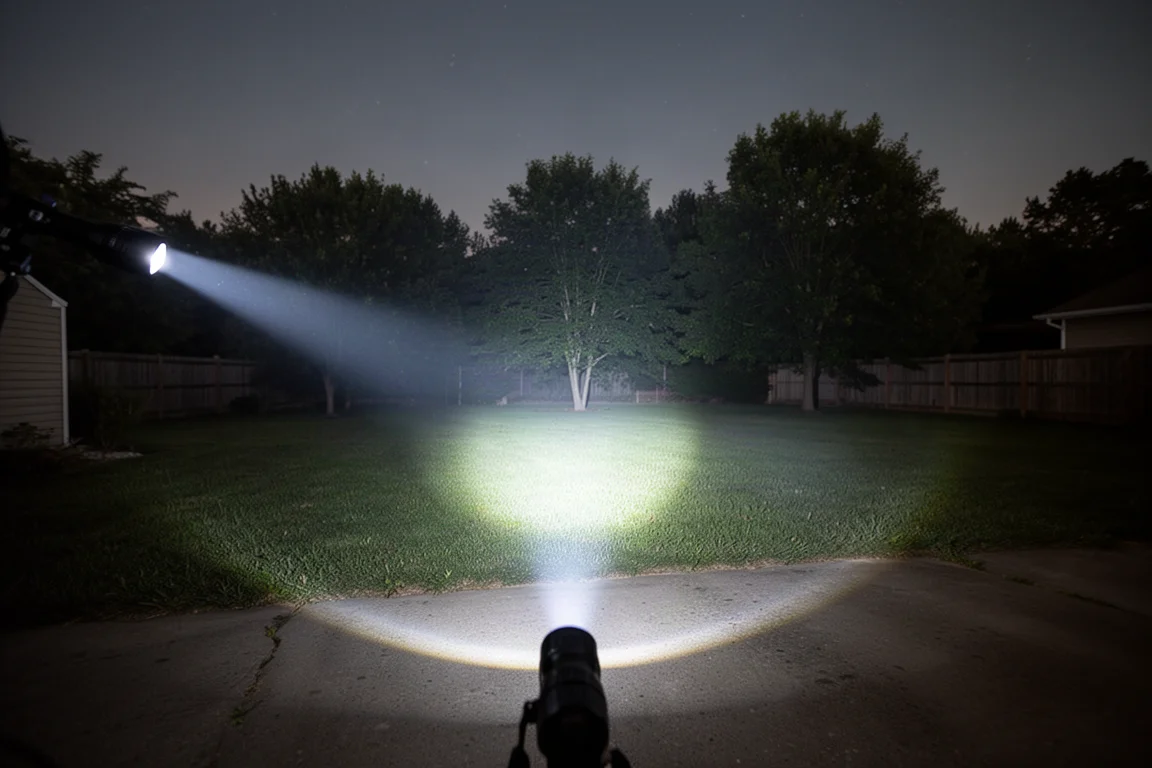 Lichtstrahl einer taktischen Taschenlampe schneidet durch einen dunklen Garten und erreicht entfernte Bäume