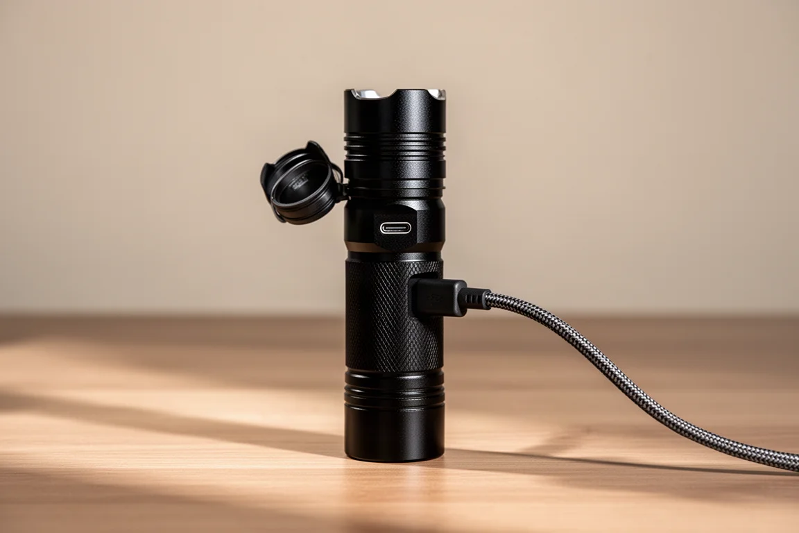 Taschenlampe wird über einen versteckten USB-C-Anschluss unter einer Schraubkappe geladen